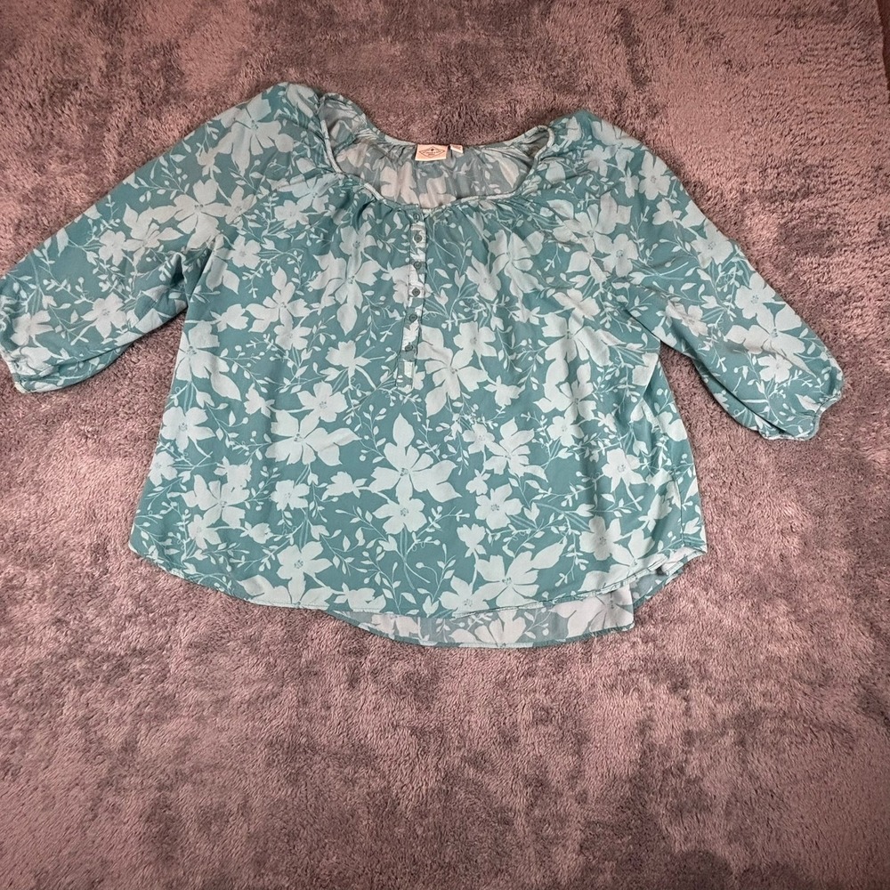 St Johns Bay Womens 3X Teal Floral Rayon Henley Blouse 3/4 Sleeve Top
